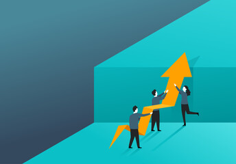 Business strategy, startup and planning  - people group (working team) holding chart scheme with arrow up - isometric vector concept for illustration of profit, growth, success