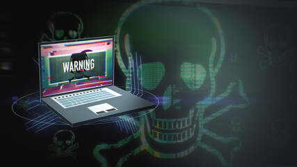 Computer virus on laptop screen. Infected internet warning with skull symbol