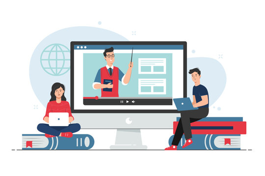 People studying with laptop. Online courses concept