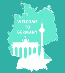 Germany map concept with famous landmark for travel postcard and poster, brochure, advertising. Welcome to Germany. 
Historic architecture building in Berlin, Germany. Brandenburg Gate. Reichstag. 