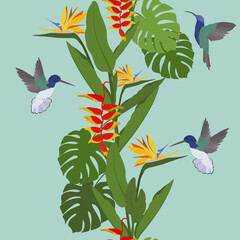 Seamless vector illustration with beautiful tropical flowers and hummingbirds