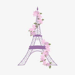 Vector illustration of a stylized eiffel tower with Clematis flowers.