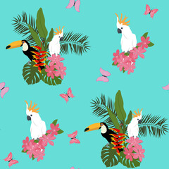 Seamless beautiful vector illustration with tropical plants, flowers, parrot, toucan.