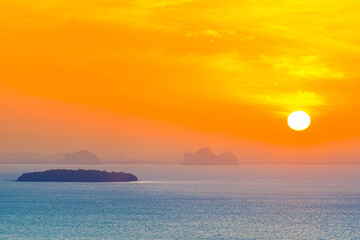 Many small islands landscape on sunset sea with colorful sunset sky