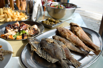 Delicious Cyprus food meze - marinated olives, grilled octopus tentacles, French fries