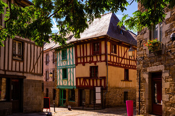 Fototapeta na wymiar Beautiful cityscape of the ancient traditional houses with wooden beams in Saint-Brieuc. Department in Brittany. France