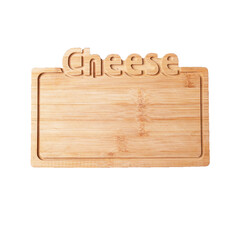 Top view of empty wooden cheese board with a knife. Copy space