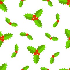 Holly berries Christmas seamless pattern on white background. Vector illustration.