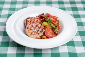 Fresh meat and vegetables preparing on grill. Bbq meat and veggies. Seasonal summer meal concept, barbecue concept.