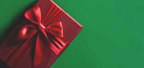 Banner of Red gift boxes on green background. Christmas card. Flat lay. Top view with space for text.