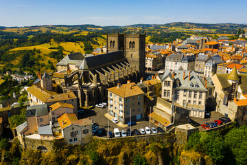 Picturesque summer view from drone of walled French town of Saint-Flour with Saint-Pierre...