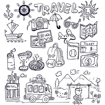Travel, hand drawn doodles