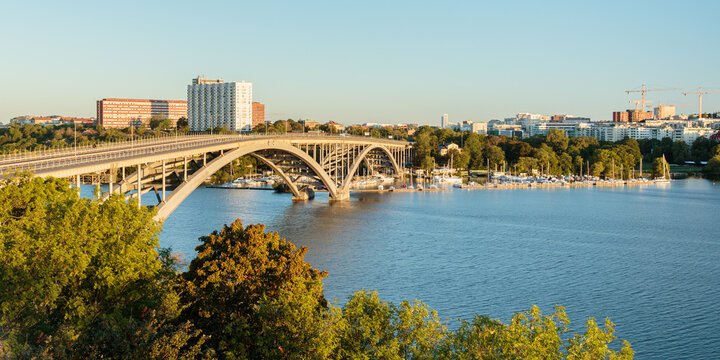 Vasterbron bridge and cityscape of Kungsholmen island in Stockholm, Sweden