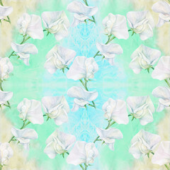Seamless pattern. Flowers - sweet peas. Decorative composition on a watercolor background. Floral motives. Use printed materials, signs, items, websites, maps, posters, postcards, packaging.