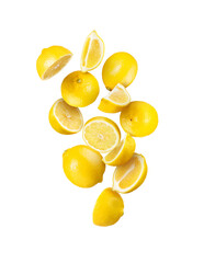 Whole and sliced fresh lemon in the air isolated on white - obrazy, fototapety, plakaty