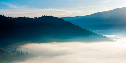 Obraz na płótnie Canvas idyllic autumn landscape with cold morning fog on hillside in mountainous rural area at sunrise