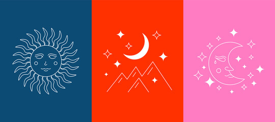 Abstract magic doodle set. Simple esoteric line logo icons moon sun stars mountains, modern astrology concept. Bohemian vector illustration
