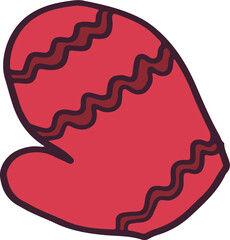 Flat red decorative mitten. Hand drawn vector colorful glove in scandinavian style, doodle, icon. Christmas and New Year concept. Isolated on white background.