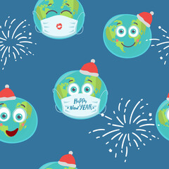 seamless pattern Planet Earth in medical mask on blue. Happy holidays, lettering. Pandemic Christmas concept. Vector illustration.