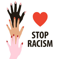 Stop racism. Three female hands of different races. The concept of racism. Vector illustration isolated on a white background for design and web in a simple flat style.