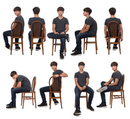 group of same teenage boy sitting with various poses on white background