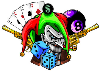 Vector illustration joker and revolvers in white background