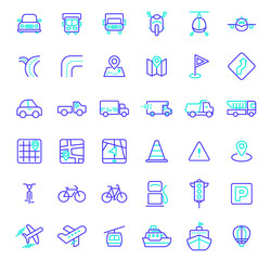 Set of  transport and road Icons line style. Contains such Icons as map, subway, metro, track, railroad, train, street, way, car And Other Elements. customize color, easy resize.