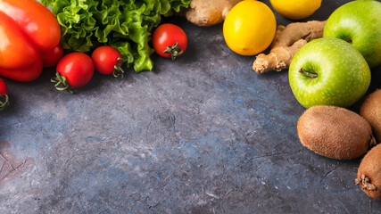 Detox background with fruit and vegetables. Healthy food concept. Copy space