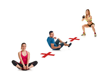 Fototapeta na wymiar the concept of actions that can be performed together, physical distance during fitness classes. collage