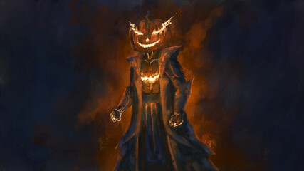 Fototapeta na wymiar pumpkin head demon in the haloween night ,digital art,illustration.