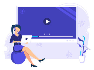 Online education infographic, Woman worker sitting on a round sofa, business communication concept. Flat style illustration.
