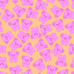 Cute cartoon pink pig on orange background seamless pattern. Vector illustration for games, background, pattern, decor. Print for fabrics and other surfaces.