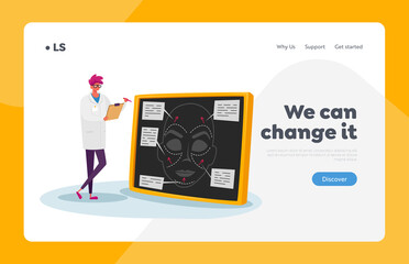 Plastic Surgery Landing Page Template. Surgeon Projecting Patient Appearance, Doctor Character Paint Lines on Woman Face