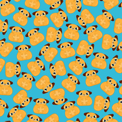 Cute cartoon pugs dog on blue background seamless pattern. Vector illustration for games, background, pattern, decor. Print for fabrics and other surfaces.