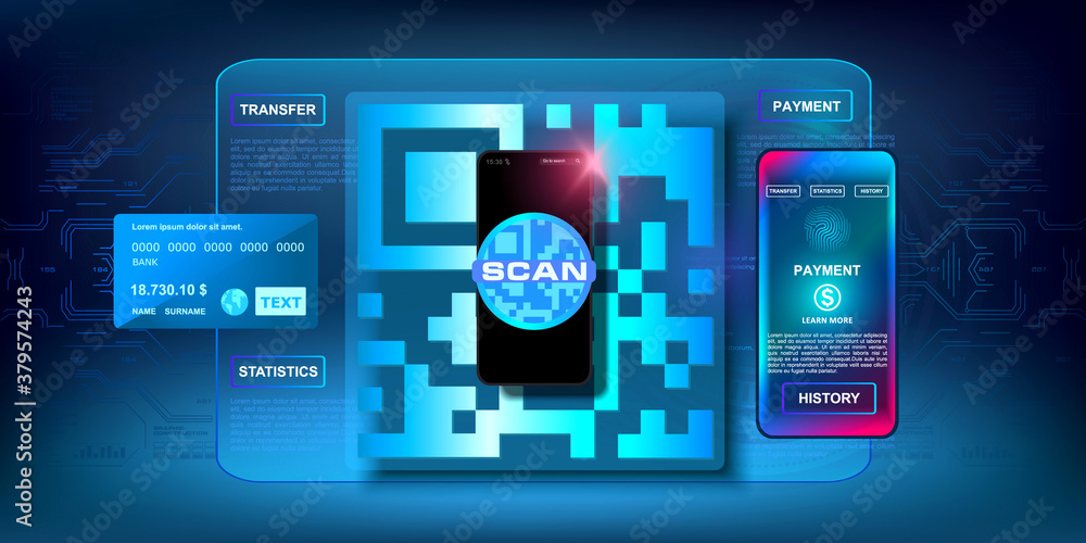 Poster reading the qr code via mobile phone. smartphone web template. black phone with qr code and online p