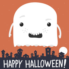 Happy halloween banner with cute ghost character.Vector cute ghost cartoon illustration from halloween collection.