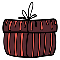 Red present box isolated on white background. Hand drawn round gift box with ribbon and bow. Flat scandinavian design for Christmas and New Year cards, posters, designs.