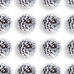 White pine cones isolated on white backdrop. Cutout. Seamless pattern. Christmas and New Year eco decor