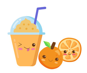 Iced Fruits Smoothie in a plastic cup with rich foam. Vector kawaii funny smiling drink illustration in cute cartoon style isolated on white background. Orange juice with sliced fruit. Kids menu.