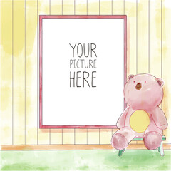 Picture mock up at wall and bear doll - 379575064