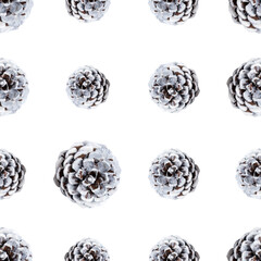 White pine cones isolated on white backdrop. Cutout. Seamless pattern. Christmas and New Year eco decor