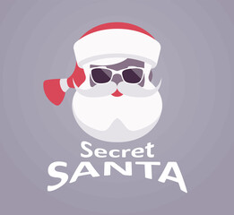 Secret Santa Claus wearing dark glasses, festive lettering design. Anonymous Father Christmas face, traditional new year unknown mysterious volunteer gift giver. Vector creative stylized illustration