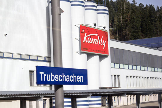 Trubschachen, Switzerland - April 22.2019: Factory of Kambly at the railway station Trubschachen in Emmental, Canton Berne. Kambly is the Switzerland's largest biscuit producer and leading exporter.