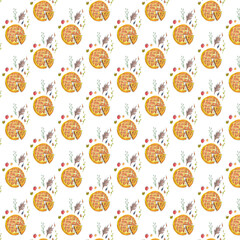 Hand drawn watercolor pattern with Apple pie and autumn leaves on a white background