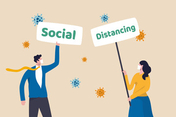 Social distancing sign in Coronavirus COVID-19 outbreak to keep distance to prevent the disease concept, people wearing face mask holding sign with the word Social and Distancing with virus pathogen.
