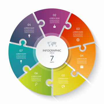 Puzzle Infographic Circle With 7 Steps, Options, Pieces. Seven-part Cycle Chart. Can Be Used For Diagram, Graph, Report, Presentation, Web Design.