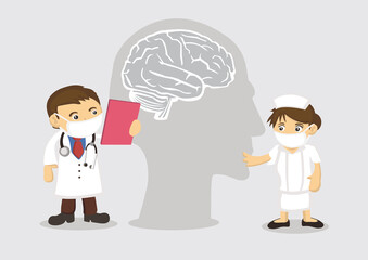 Doctor and nurse discuss about the brain head together. Psychology or mental health concept.