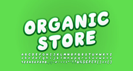 Organic store emblem white green colors. Cartoon italic font set, uppercase and lowercase alphabet letters, numbers. Vector illustration