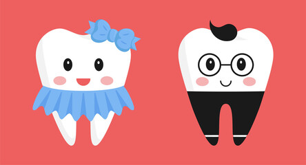 A pair of teeth characters. Cute girl in a skirt and with a bow, adorable boy in trousers and glasses. The design elements in funny cartoon style.Pediatric dentistry. Healthy teeth. Isolated on dark