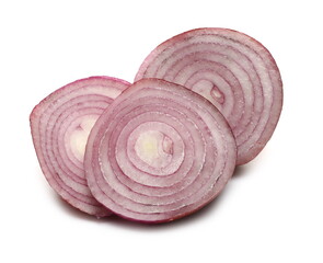 Red onion bulb slices, chopped halves isolated on white background